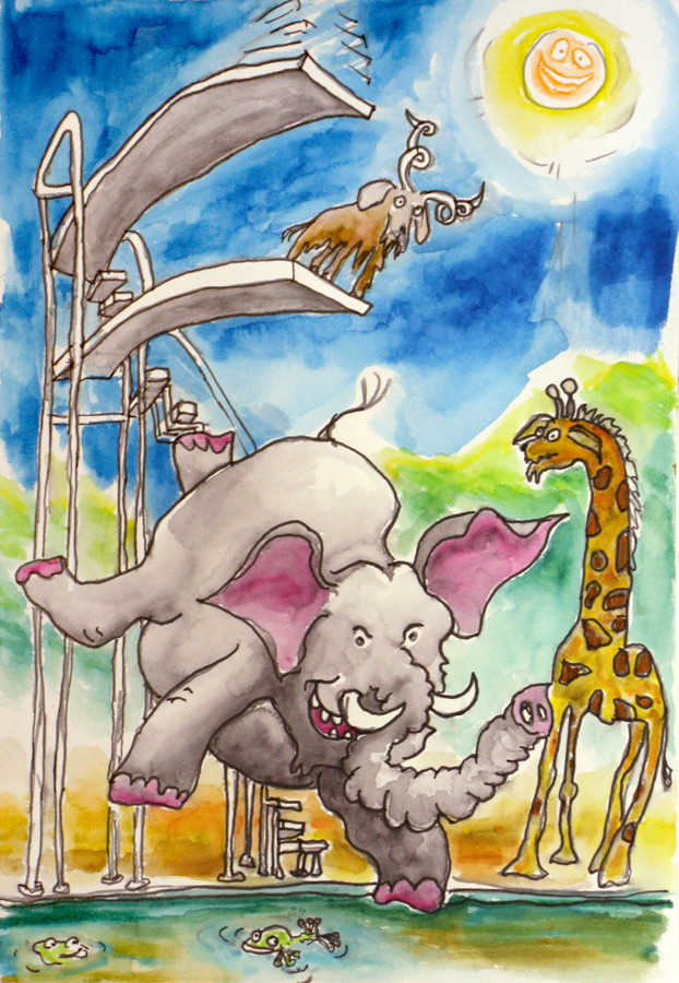 An elephant jumps off the top diving board leading to unforseen consequences...